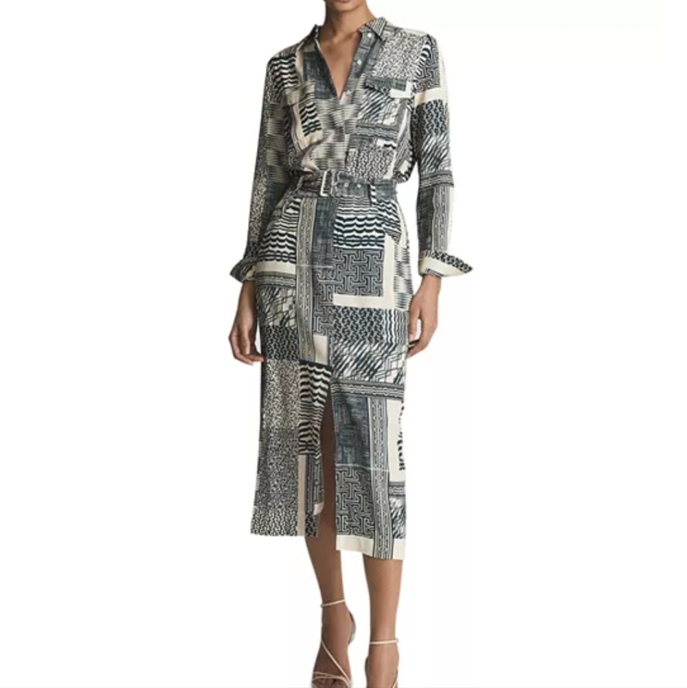 Reiss Black and Cream Printed Midi Dress